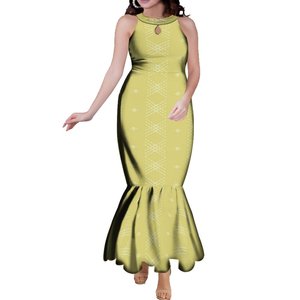 Nuevo estilo sin mangas fuera del hombro vestido de cola de pez personalizado <span class=keywords><strong>Fiji</strong></span> Samoa estampado naranja gota de <span class=keywords><strong>agua</strong></span> diseño vestido largo elegante vestido de mujer - Product Image 3