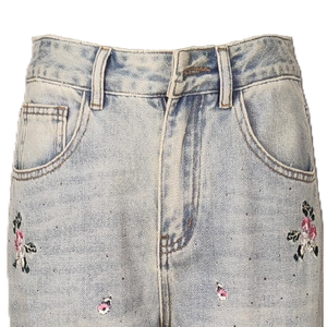 Jeans a Vita Alta e Gamba Dritta da Donna, 100% Cotone Organico, Lavaggio Vintage, Ricamo 3D e Strass - Product Image 5