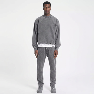 Dark Grey Vintage Stone Wash Sweatshirt 500gsm Heavyweight Distressed Acid Washed <b>Mock</b> <b>Neck</b> Hoodies - Product Image 1