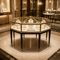 Vitrine à bijoux en métal octogonal, comptoir d'exposition de bijoux en verre trempé avec éclairage LED, boutique de bijoux de luxe