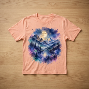 Camiseta Personalizada para Mujer con Estampado de Luna y Montaña, Diseño Gráfico de Paisaje Natural Color Durazno, Camiseta de Algodón OEM, Estilo Senderismo al Aire Libre, Top de Verano, Venta al Por Mayor - Product Image 1