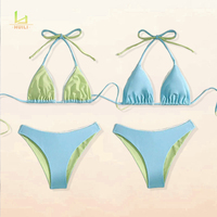 Produsen pakaian pantai dua sisi kustom desain logo Set Bikini warna polos & cetak reversibel baju renang untuk wanita