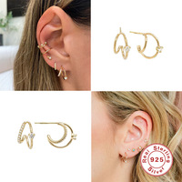Boucles d'oreilles créoles superposées en argent sterling 925, en forme de C, serties pavé, à double fil, pour femme, tendance, chic, cadeau