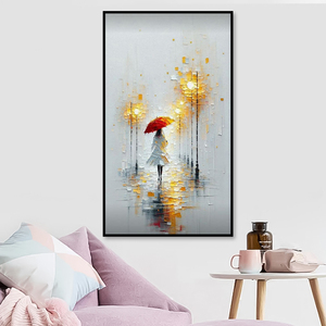 Peinture à l'huile sur toile représentant une rue pluvieuse atmosphérique - Parapluie rouge fait main avec figurine encadrée, décoration murale <span class=keywords><strong>40x70</strong></span> cm pour salon - Product Image 1