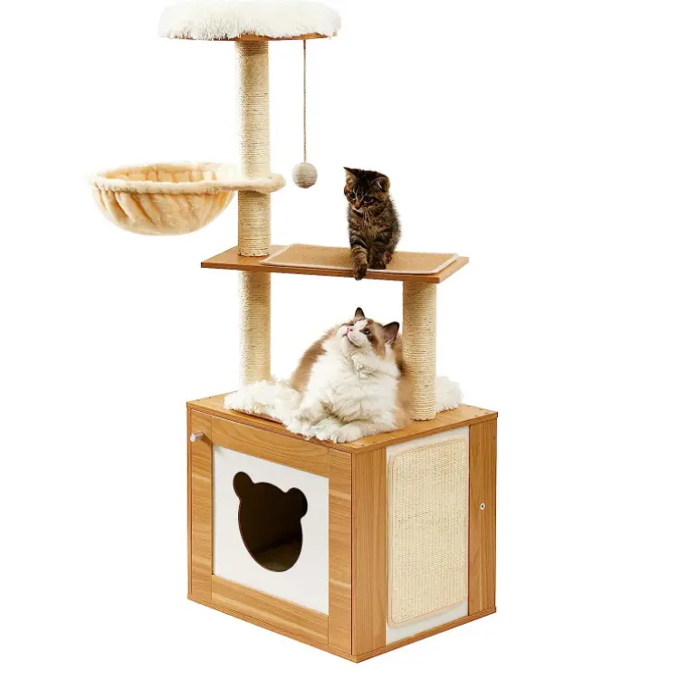 4 animali domestici gatto albero moderna alta torre del gatto per interni grandi gatti in legno Kitty Condo Top persico con amaca