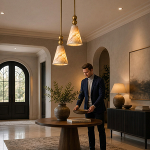 Double Alabaster Pendant Light, Brass 2 Light Chandelier, Natural Stone Hanging <b>Lamp</b>, <b>Kitchen</b> Island Lighting Brilliancelights - Product Image 1