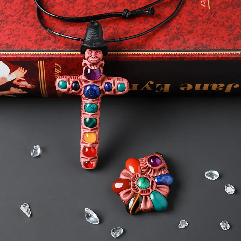 Nordic fada pingente de sete cores gemstone cetro cristal pedra crua cruz colar jóias