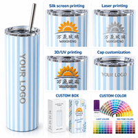 Gobelet isotherme personnalisé 20oz droit à sublimation, en acier inoxydable à double paroi, rayures bleues, avec couvercle et paille, idéal pour les fêtes