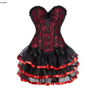 Plus Size 5XL 6XL Big Busty Ladies Gothic Korset Faldas Set Red Maduras Mujeres Corsé Vestido Malla Bustier Con 6 Busks - Product Image 2
