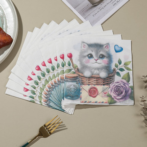 Printed Paper Napkins With Cute Cat Design 330cmx330cm For Valentine'S Day Parties Hotels Restaurants - Product Image 4