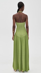 Robe longue d'été en tissu métallisé avec détails brodés, dos nu, col licou, taille basse, couleur unie, idéale pour les soirées et les clubs - Product Image 2
