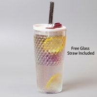 550ml Iridescent glazen rietjesbeker, hittebestendig glazen tumbler met rietjesdeksel en gratis glazen rietje