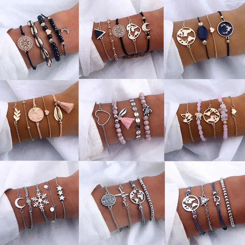 Retro Bohemian Bangle pulseras de mujer Coração do Elefante Shell Estrela Lua Arco Mapa Crystal Bead Pulseira Mulheres Charme Jóias