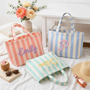 Bolsos de Mano Personalizados Plegables para Mujer, con Logotipo Impreso Personalizado, Bordado, a Rayas, de Lona, para la Playa, de Lujo - Product Image 2