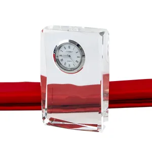 Mini relógio de mesa de vidro cristal 3d, barato, promoção personalizada, logotipo gravado a laser, relógio de cristal