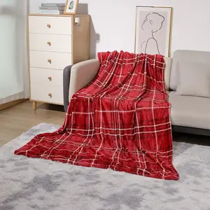 简约时尚超柔软法兰绒羊毛扔毯120 * 160厘米四季格子红色灰色黄色床榻毯