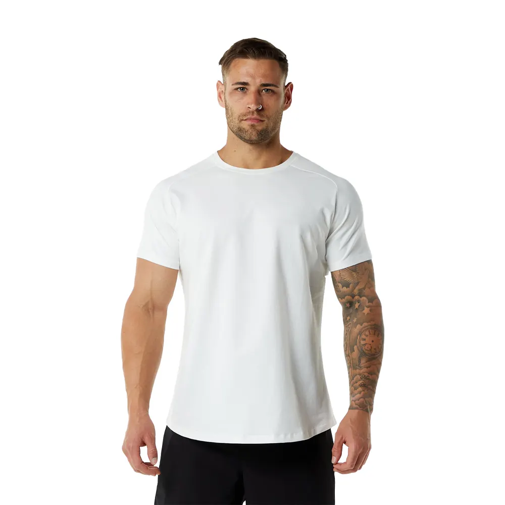 Olahraga kebugaran pria lengan pendek kaus leher bulat kapas murni desain warna solid kaos olahraga kasual bening.