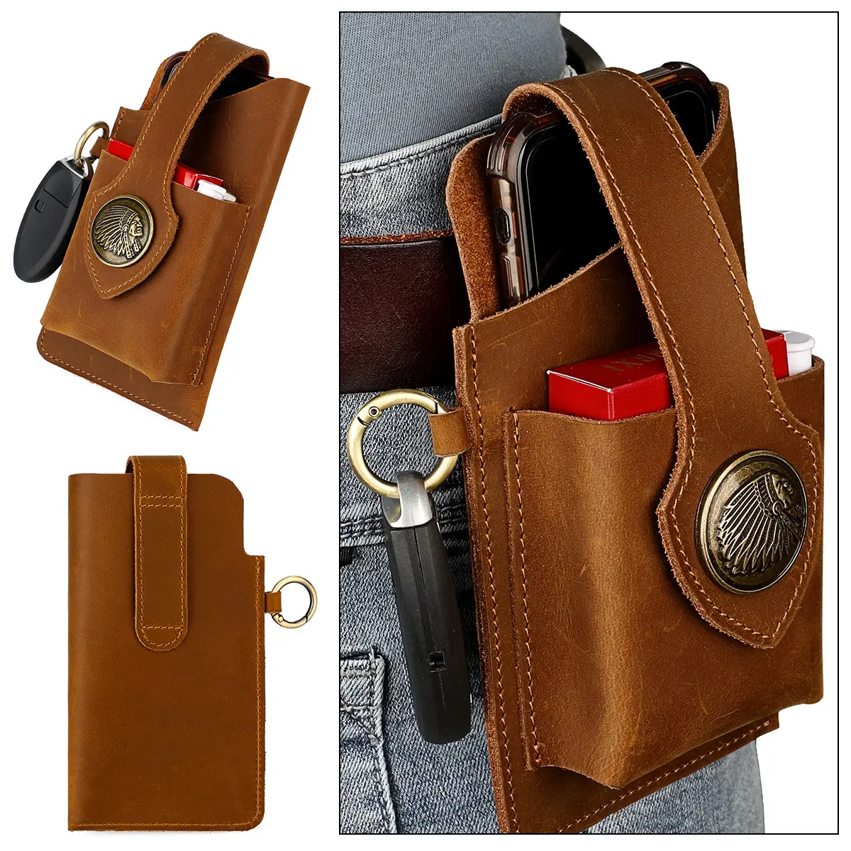 Retro Genuine Leather Universal Belt Pack Bag Loop Waist Holster Case for iPhone Samsung Huawei Xiaomi