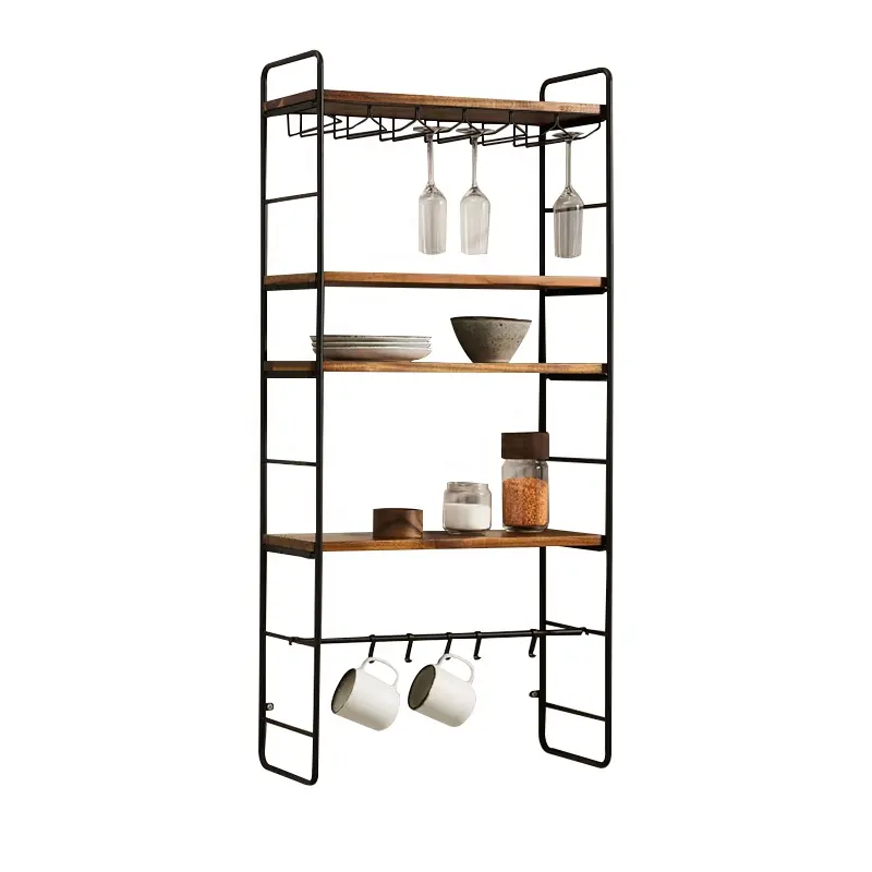 2023 Countryside Industrial 4-Tier Metal Pipe Wood Floating Shelf Wall Shelf Shelves Home Decor With Wine Glass Rack Mug Hooks