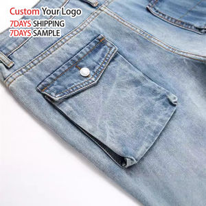 Pantalones vaqueros de mezclilla de algodón vintage de alta calidad al por mayor, de moda, personalizados, de cintura media, de diseñador, azules, tipo cargo, holgados, cortos, para hombre, de punto, de pierna ancha. - Product Image 4