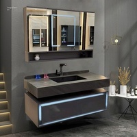 LAKOO Meuble-lavabo mural de luxe minimaliste avec miroir pliant intégré, lavabo en dalle de pierre, sans peinture