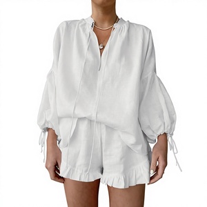 <strong>2026</strong> Spring/Summer European/American Design-Led White <strong>Cotton</strong> Loose Lace-Up Puff-Sleeve Top Shorts Two-Piece Set Women's - Product Image 1