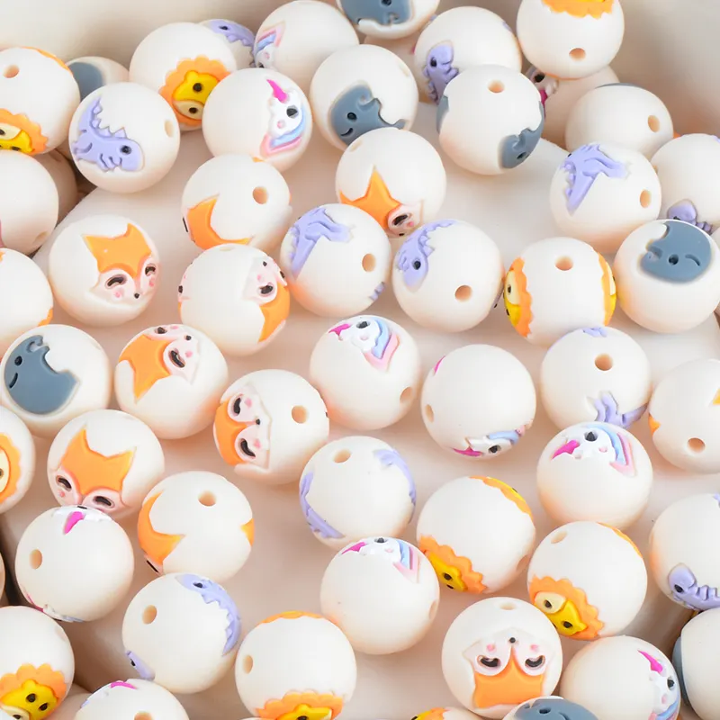 new product ideas 2023 bpa free silicone beads 15mm cute animal printed loose beads perles pour bijoux