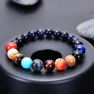 Romantic Handmade Natural Blue Sandstone Crystal Gemstone Bead Bracelet Eight Planet Solar System Universe Galaxy Jewelry