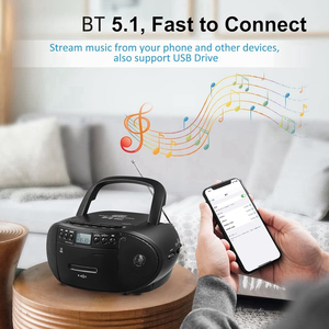 Lecteur de cassettes <span class=keywords><strong>CD</strong></span> portable BT 5.1 avec <span class=keywords><strong>radio</strong></span> FM, enregistreur de cassettes, prise USB 3,5 mm, haut-parleur intégré pour une utilisation à domicile et en extérieur - Product Image 4