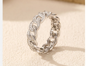 S925 Silver Hiphop Chain <b>Ring</b> With <b>Crystal</b> Pave Setting Geometric Unisex Everyday Wear Edgy Full Pave Cuban Chain Statement <b>Ring</b> - Product Image 4