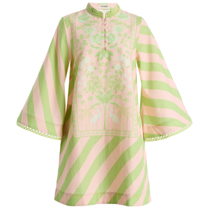 Vestido Mini Tipo Túnica con Estampado Floral Tropical de Rayas Rosa y Verde, Cuello Alto, Manga Campana, Ribete de Encaje, Holgado, para Vacaciones, para Mujer - Product Image 1