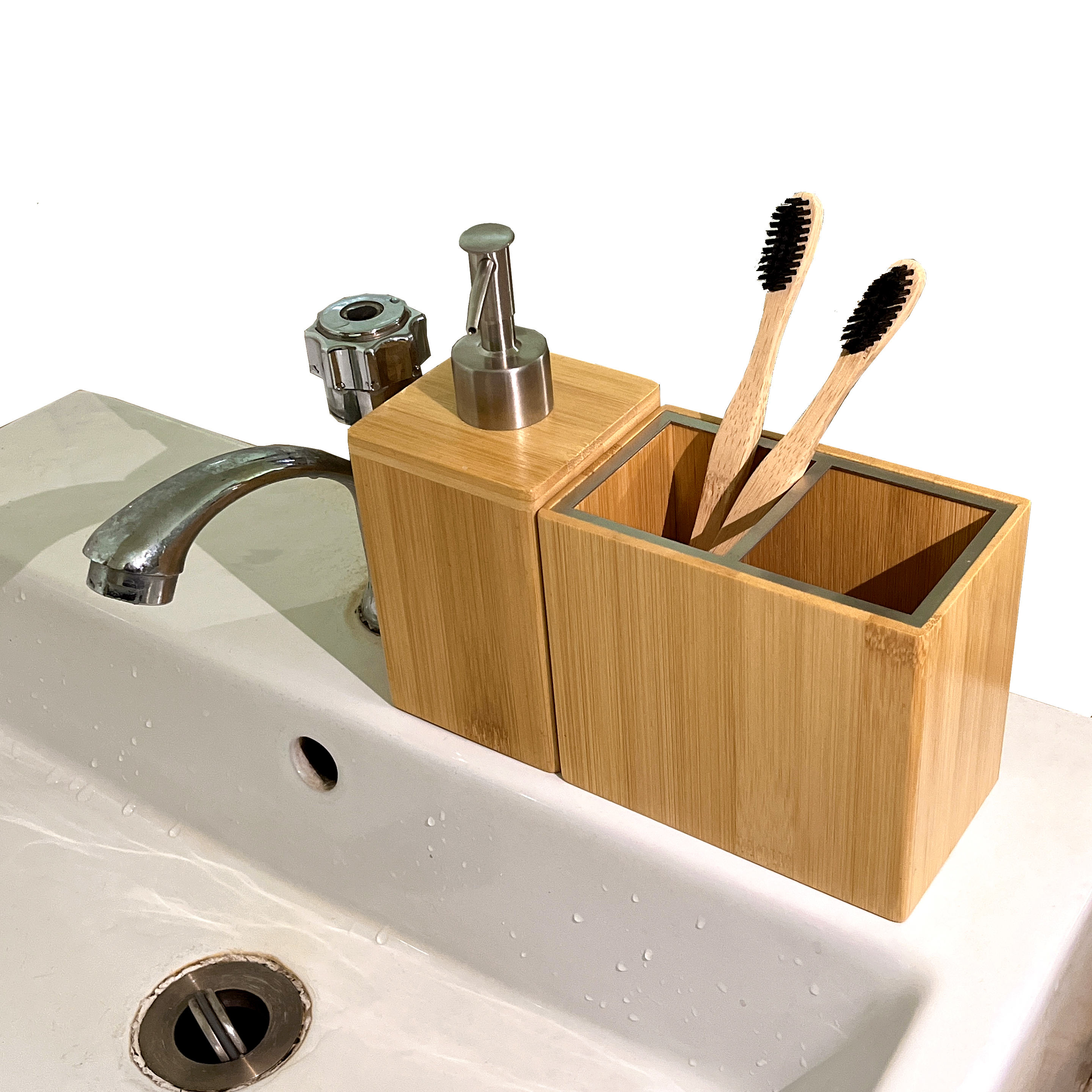 Аксессуары для ванной комнаты, набор аксессуаров для ванной комнаты, бамбуковый роскошный набор для туалетного столика с корзиной для отходов