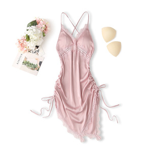 Camicia da Notte Sexy da <span class=keywords><strong>Donna</strong></span> con Spalline Sottili, Lingerie Intima in Raso con Inserti in Pizzo, Vestaglia per Casa - Product Image 4