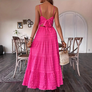 Vente directe d'usine couleur unie col en V sangle Style Spaghetti longue robe décontracté été parole longueur dentelle naturel avant lavable - Product Image 2