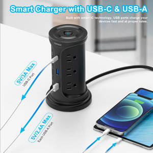 Protector contra sobretensiones Power Strip extensor de salida lateral múltiple con cable de extensión de 2 metros, <span class=keywords><strong>enchufe</strong></span> <span class=keywords><strong>plano</strong></span>, estación de carga USB de escritorio - Product Image 4