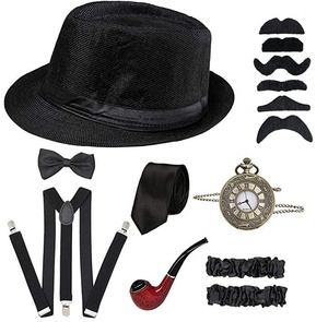 Disfraz de Cosplay de El Gran Gatsby, Conjunto de Accesorios de Gánster de los Años 20 <span class=keywords><strong>para</strong></span> Hombre - Sombrero Fedora, <span class=keywords><strong>Tirantes</strong></span>, Brazaletes, Corbata de Moño - Product Image 4