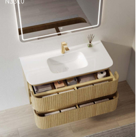 Ensemble de meuble-lavabo flottant moderne avec miroir éclairé anti-buée, style nordique, construction en contreplaqué, pour hôtels et appartements, en céramique