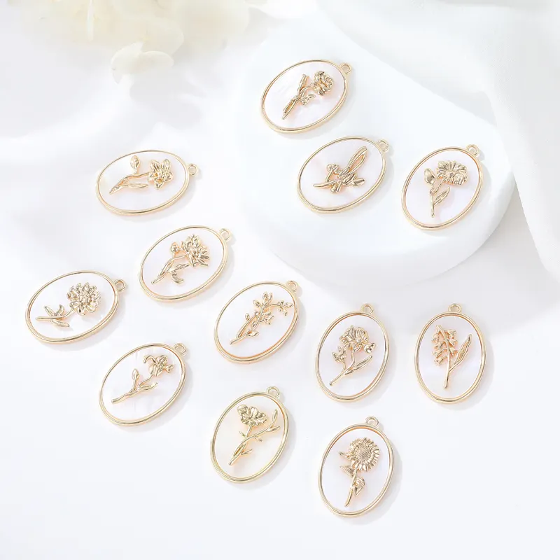 Jual Panas 14K Emas Disepuh Kuningan Antik Abadi 12 Bulan Kelahiran Bunga Oval Putih Shell Liontin untuk Kalung Wanita Hadiah Ulang Tahun