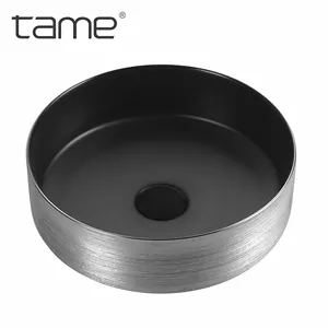 TAME PZ6202-ES1 indah perak dan hitam ukuran kecil bulat keramik dilapisi meja konter wastafel tangan atas