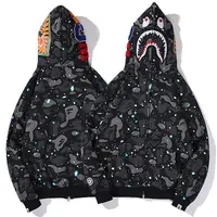 Amazon Top Seller Shark Embroidered Printed Hooded Long-Sleeved Padded Streetwear Hip-Hop Camouflage Luminous Zipper Hoodies