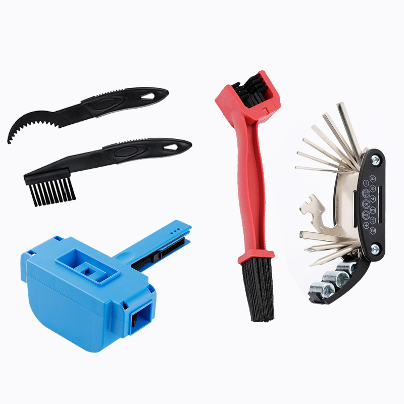 Limpiador de cadenas, cepillo de cadena azul, cepillo pequeño rojo, herramienta 16 en 1