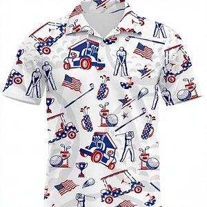 Polo de golf pour homme à manches courtes, imprimé intégral drapeau américain et motif chariot de golf, en tissu Oxford de coton respirant - Product Image 1
