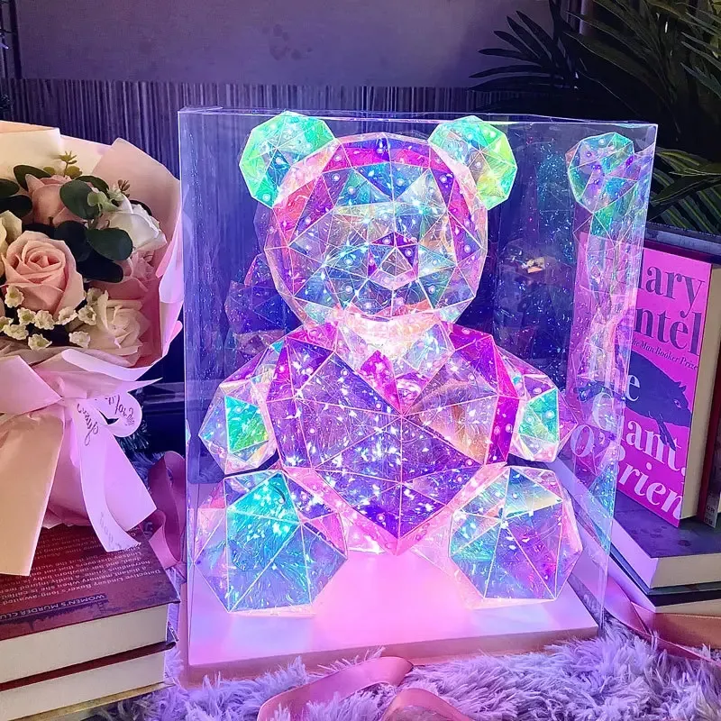 Valentinstag führte leuchten holo graphischen Teddybär mit Geschenk box Neuheit holo graphische Bären für Frauen Mädchen