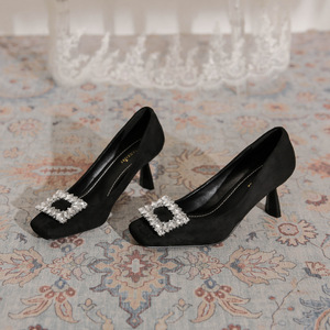 Zapatos de Tacón Alto con Punta Cuadrada de Gamuza Negra, Decoración de Hebilla con Pedrería, Estilo Slip-On - Product Image 1