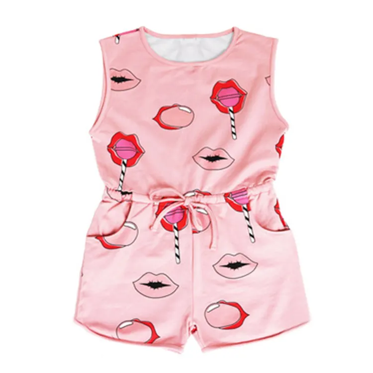 Hot Sale Summer Fashion Children Girl Clothes Popular Lip Print Design Girl Sleeveless Pink Jumpsuit Girls Outfits