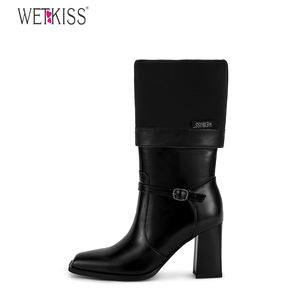WETKISS 2024, venta al por mayor, vaquera, tacón grueso, <span class=keywords><strong>botas</strong></span> de vaquero hasta la rodilla, correas delgadas, <span class=keywords><strong>botas</strong></span> negras mate para damas occidentales - Product Image 4