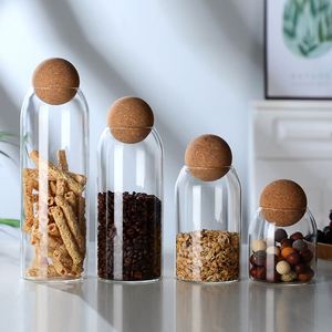 Custom Wholesales Fancy 500/800/1200 Ml Multiple Size Cork <b>Food</b> <b>Container</b> Kitchen <b>Storage</b> <b>Glass</b> Jar With Wood Ball Lid - Product Image 1