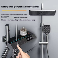 Mitigeur de douche pluie gris bronze avec affichage LED de température et heure, 4 fonctions, en laiton, température constante, avec étagère de rangement