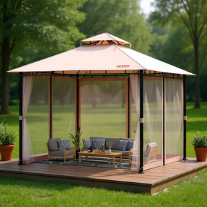Gazebo Vevor de 10x10 pies para patio, con toldo de poliéster beige, estructura de acero con revestimiento de PU, refugio para jardín o terraza exterior con mosquitera. - Product Image 2