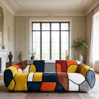 Canapé deux places en velours patchwork géométrique coloré, décoration artistique pour salon, couleur et matériau personnalisables